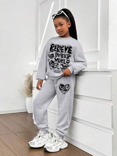 2pcs/Set Girls Back To School Letter Graffiti Print Crew Neck Sweatshirt And Drawstring Pants, Casual Hoodie Outfit, Daily Casual Fashion