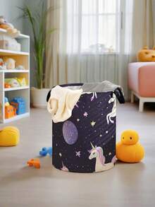 1pc Cartoon Pony Print Foldable Large Capacity Round Storage Basket With Handle, Multipurpose Storage Bin For Nursery, Baby Diaper, Clothes, Toys And Accessories Organization