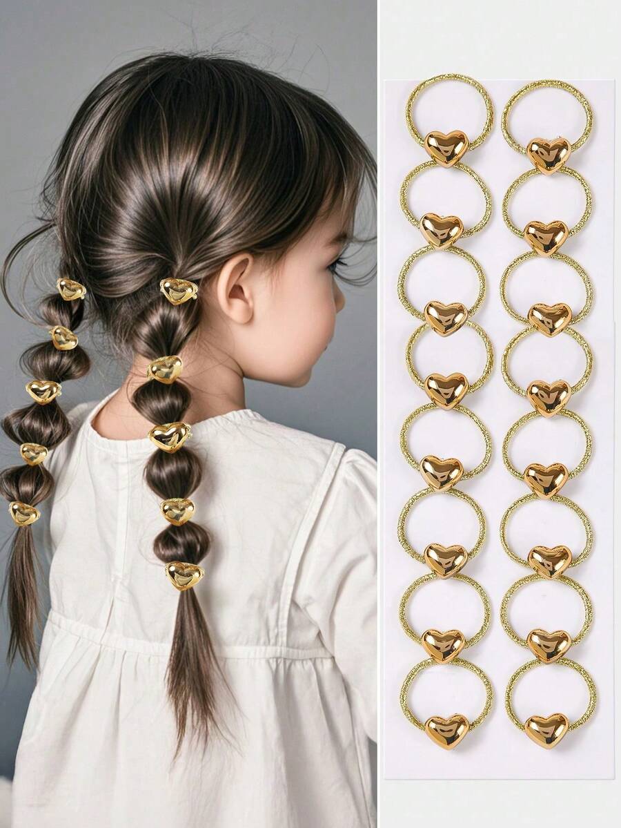 10pcs/Pack Mini Heart Shaped Metallic Elastic Hair Ties, Cute & Versatile For Girls And Girl, Gentle On Hair - Multicolor - View 1