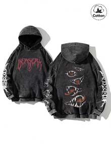 Men's Street Style Graphic Hoodie Sweatshirt, Slightly Stretchy, Slim Fit, Distressed Wash, Paired With Black Cotton Long Sleeve Pullover, Casual Daily & Back To School Essential Hoodie - Black - View 2