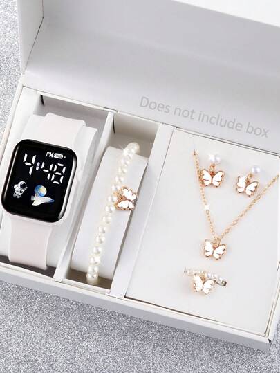1 Set Casual Fashion White Silicone Electronic Watch, Faux Pearl Butterfly Pendant Bracelet Necklace Ring Earrings Set, Spaceship Astronaut Pattern Display, LED Square Watch, Versatile For Daily Wear And Parties, Exquisite Christmas & Birthday Gift