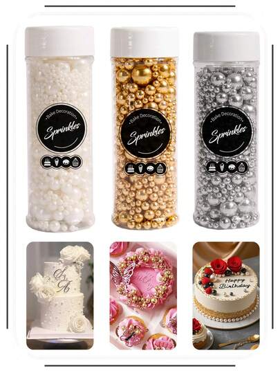 130克/4.59盎司混合装珍珠糖粒，适用于蛋糕装饰，糖果珍珠，适合婚礼派对装饰，圆形白色、亮金色、银色珍珠糖粒，可用于冰淇淋、纸杯蛋糕、烘焙、奶油、生日派对等。
