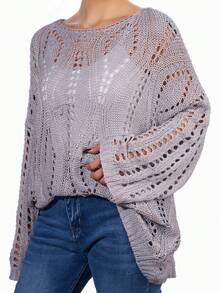 Blusa holgada de punto calado talla grande para mujer, prenda versátil apta para primavera y verano, de uso casual y versátil - Gris - Ver 5
