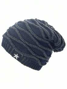 Classic Solid Color Thick Knit Beanie Hat With Five-Pointed Star Patch, Fashionable Jacquard Patterned Warm Knitted Cap For Autumn/Winter Winter Warm