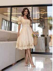 Luxury Midi Dress Lese Bodardo Elegant Short Sleeve - Beige - View 1