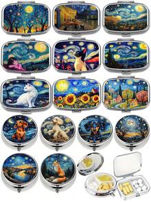 2-Compartment Square & 3-Compartment Round Pill Box, Portable Pocket Or Wallet Sized Decorative Metal Medicine/Vitamin Storage Box, Unique Gift (Starry Night, Puppy) - Multicolor - View 2