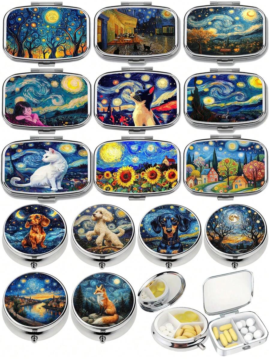 2-Compartment Square & 3-Compartment Round Pill Box, Portable Pocket Or Wallet Sized Decorative Metal Medicine/Vitamin Storage Box, Unique Gift (Starry Night, Puppy)