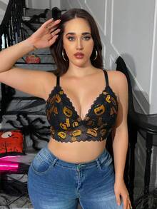 Lencería con estampado de calabaza traviesa de encaje negro, tela suave y amigable con la piel, adecuada para varias ocasiones [Disfraz de Halloween]