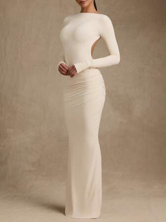 Vestido elegante y sexy de manga larga con espalda descubierta y silueta ajustada para mujeres, vestido largo de punto de cuello barco con estilo vintage, vestido recto de media elasticidad con bajo recto