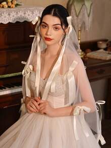 1pc Elegant Butterfly Veil With Long Ribbons, French Retro Bridal Headpiece, Wedding Dress Accessory (Includes 1 Pair Hair Clips)