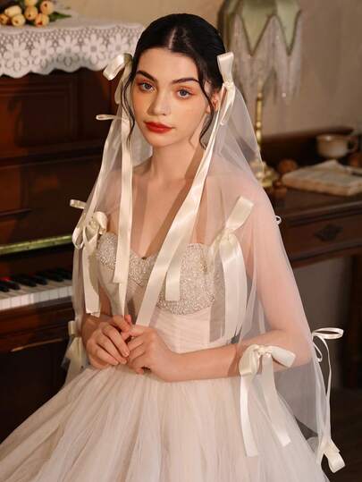 1pc Elegant Butterfly Veil With Long Ribbons, French Retro Bridal Headpiece, Wedding Dress Accessory (Includes 1 Pair Hair Clips)