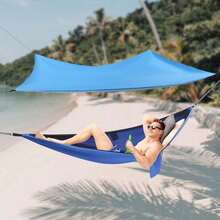 Hamaca con mosquitera y lona para tienda de campaña, juego completo, accesorios de camping en azul, impermeable con protección UV, 290x140cm + 310x310cm, capacidad de carga 200kg, incluye piquetas de aluminio para acampar en jardín y bosque - Azul - Ver 8