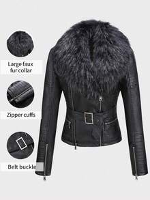 Risissida Women's Faux Leather Jacket For Autumn, Detachable Fur Collar, Motorcycle Style Jacket With Faux Fur Collar, Comes With Belt - Black - View 1