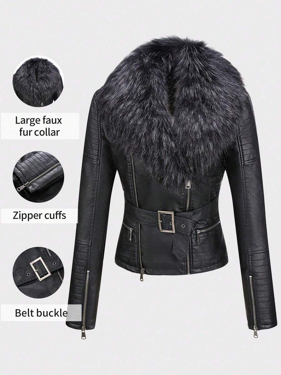 Risissida Women's Faux Leather Jacket For Autumn, Detachable Fur Collar, Motorcycle Style Jacket With Faux Fur Collar, Comes With Belt - Black - View 1