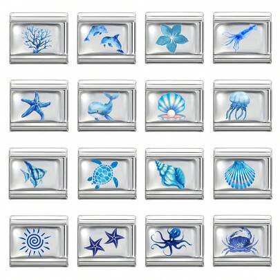 1 pieza Collar/Pulsera/Anillo de joyería modular recubierto de resina azul, con diseños elegantes de conchas marinas, delfines, y otros elementos de vida marina, adecuado para regalos de cumpleaños, aniversario, de moda y exquisito