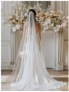 1件装经典柔软长款薄纱新娘头纱，单层设计，边缘简洁，简约风格，适合搭配女士秋季服饰，也可用于圣诞节、民事婚礼、摄影、情人节礼物等场合。 - 彩色 - 查看 2