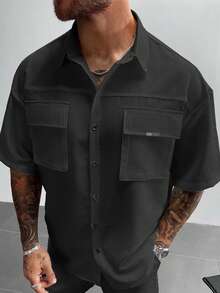 男士实用复古风格衬衫白色工装衬衫，带 3D 口袋，短袖宽松翻领衬衫，适合度假户外日常穿着，父亲节礼物