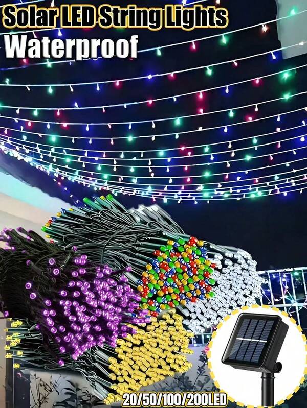 أضواء سلسلة شمسية خارجية 20/50/100/200 ليد - 8 أوضاع، أضواء عيد الميلاد الشمسية، سلسلة أضواء جنية مقاومة للماء IP65، مناسبة للفناء والسياج والشرفة والحفلات وشجرة عيد الميلاد والزفاف وديكور الحديقة والتخييم، مناسبة جدًا لديكور عيد الميلاد الخارجي في الحديقة (أبيض دافئ/أبيض/ملون/بنفسجي)