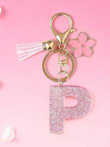 1pc DIY Pink 26 English Alphabet Keychain, Resin Glitter Flower Tassel Key Chain For Women Christmas Gift