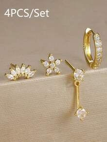 4pcs/8pcs Exquisite Cubic Zirconia Flower Stud Earrings Set Fashion Stack Earring Ear Piercing Jewelry For Women Party, Daily Wear - LM-flower Earrings Set - View 13