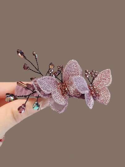 1 pieza Pinza de resorte con mariposa de tela púrpura, elegante pasador de pelo con cristal, pinzas para el cabello, pasador de pelo, barrettes