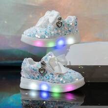 兒童嬰兒 LED 閃光鞋，刷毛天鵝絨亮片平底彩色發光鞋 - 白色 - 查看 19