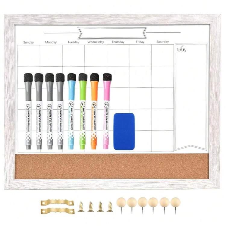 Dry Erase Calendar Whiteboard For Wall, Small Combination Magnetic Dry Erase White Board & Bulletin Board, 13" X 17"Black Wood Framed Calendar/Cork Combo Board(ZHYL-BK-3343)-3577