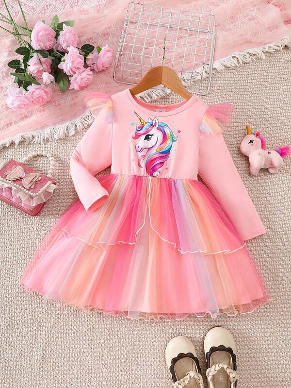 Girls Autumn/Winter Cartoon Rainbow Unicorn Print Cap Sleeve Mesh Overlay Dress, Cute Princess Style, Suitable For Parties, Outdoor Casual Wear
