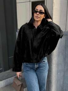MUMRAP Women Casual Street Fashion Turndown Collar Jacket Vintage Long Sleeve Zipper Loose Coat - 黑色 - 查看 3