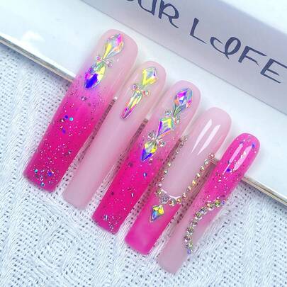 10 件 Y2K 超长多色法式按压指甲全覆盖假指甲手工按压指甲带 3D 闪亮粉色水钻、合金蝴蝶装饰、超级贴合和自然可重复使用的美甲、1 件果冻凝胶/1 件迷你摩擦条、可拆卸按压指甲套装，适合女士和女孩参加节日派对和日常佩戴，美甲产品