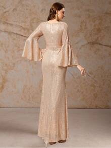 UNITHORSE فستان كوكتيل سهرة أنيق للمرأة ذو فتحة رقبة على شكل حرف V أكمام ناقوسية، مطرز برشات لامعة - لون شمبانيي - مشاهدة 5