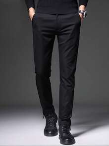 Men's Black Casual Pants, Wrinkle-Resistant, Four-Way Stretch, Slim Fit, Straight Leg, Business, Spring & Autumn New Style