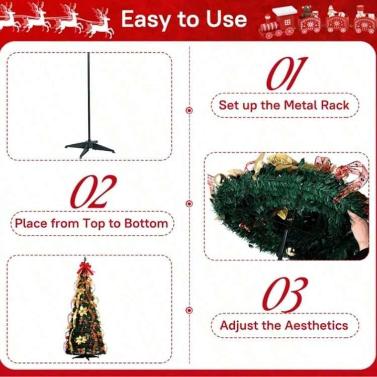 大型豪华圣诞树装饰套装 - 可伸缩圣诞树，人造圣诞树饰有红色和金色装饰，易于组装，适合在圣诞节装饰您家的壁炉 - 綠色 - 查看 5