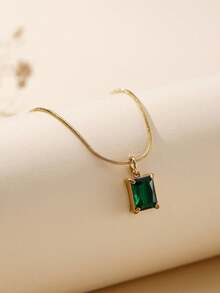 1pc Men Fashionable Exquisite Stainless Steel Round Snake Chain Square Green Cubic Zirconia Pendant Necklace
