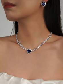 3pcs/Set Heart Shaped Red & Blue Necklace & Earrings Set, Suitable For Women's Party, Birthday, Holiday