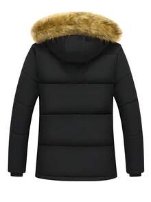 男士冬季长袖加厚羽绒服，带保暖内衬、加厚羽绒服，毛领带帽拉链 - 黑色 - 查看 2