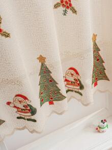 1 pieza Cortina de café con bordado de árbol de Navidad, panel de cortina transparente para decoración navideña - Árbol de Navidad largo - Ver 7