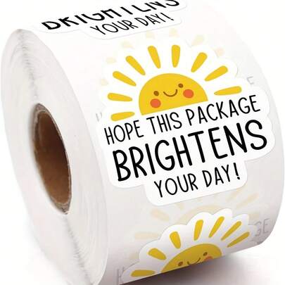 500 Smiling SUNS "Hope This Package Will Make Your Days Brighter!" Stickers - Optimistic Sun Design, Durable PET Paper, Suitable For Small Businesses, Handmade Products And Thank-You Emails