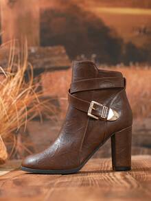 Women's High Heel Ankle Boots, Leather Buckle Slim Boots, Pointed Toe Elegant Sweet Spring Autumn Winter New European And American Style High Heel Side Zipper Round Toe Versatile White Boots Chunky Heel High Heels