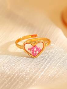 1 pieza Anillo con diseño floral inspirado en la naturaleza, anillo ajustable de acero inoxidable con forma de corazón abierto y planta verde linda - Dorado - Ver 6