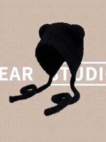1pc Women's Long Ear Knitted Hat, Casual Cute Bohemian Elegant Warm Earflap Knit Cap For Winter, New Autumn/Winter Fluffy Bear Design