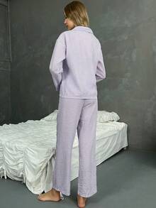 2件套女士条纹纽扣前袋长袖睡衣套装+抽绳腰裤睡衣套装，秋季服装 - 紫色 - 查看 4