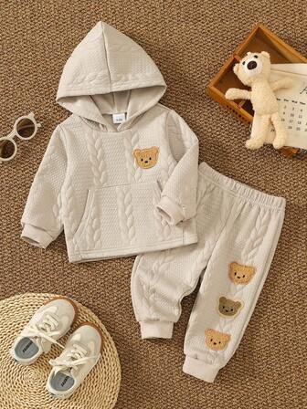 2pcs Baby Boy Casual Chic Cute Jacquard Bear Head Pocket Hoodie Sweatshirt & Jacquard Bear Head Pants Set, Spring/Autumn