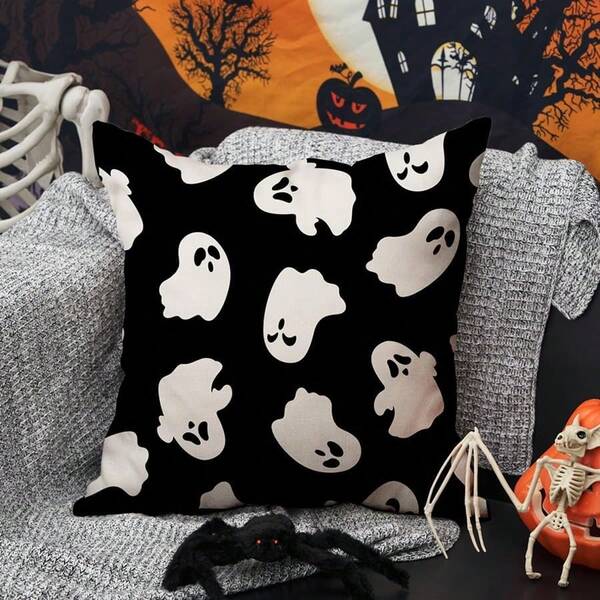 1 pièce Housse de coussin décorative pour Halloween en forme de fantôme de 45 x 45 cm, housse de coussin de canapé pour salon, chambre à coucher, extérieur, styles noir et orange, sans insert de coussin, impression unilatérale