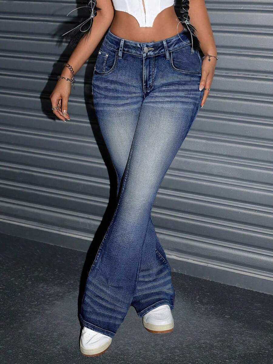 Damen Lässig Everyday gewaschene Denim Schlagjeans, einzigartiges Katzenschnurrbart Taschen Design, geeignet für Party, Essen, Zuhause, Reisen, Halloween, Weihnachten, Silvester Veranstaltungen