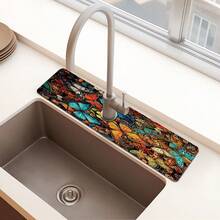 1 pièce Tapis de drain d'évier avec motif thème Hua Hudie, en terre de diatomées à séchage rapide et en caoutchouc antidérapant avec absorption de l'humidité, pour cuisine/salle de bain. Tapis de protection antidérapant en silicone en boue de diatomées pour robinet, tapis de drain de cuisine, protecteur de lavabo, convient à tous les types de robinets de salle de bain et de cuisine.