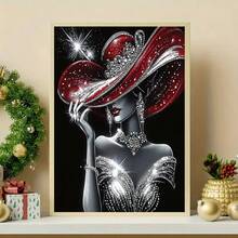 5D Diamant Malset - Europäische Schönheit Frau in rotem Hut & schwarzem Kleid, funkelnde runde Acryl DIY Diamant Malerei, Vollbohrung Kunsthandwerk, rahmenlos Wanddekoration, perfekt für Wohnzimmer, Schlafzimmer, Büro, ideales Urlaubsgeschenk, verschiedene Größen erhältlich