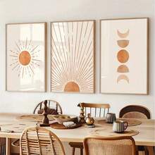 3 PIEZAS Impresiones artísticas decorativas en lienzo con fases del sol y la luna - Marco de madera opcional Decoración de pared abstracta retro, adecuada para familias modernas, bohemias y minimalistas, salas de estar, dormitorios, oficinas, bares - Conjunto de pósteres en lienzo sin marco vibrantes - Multicolor - Ver 1