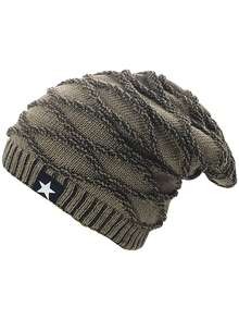 Classic Solid Color Thick Knit Beanie Hat With Five-Pointed Star Patch, Fashionable Jacquard Patterned Warm Knitted Cap For Autumn/Winter Winter Warm