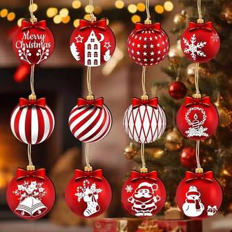 12pcs Wooden Christmas Ball Ornament Set, Christmas Tree Decoration, Home Party Supplies